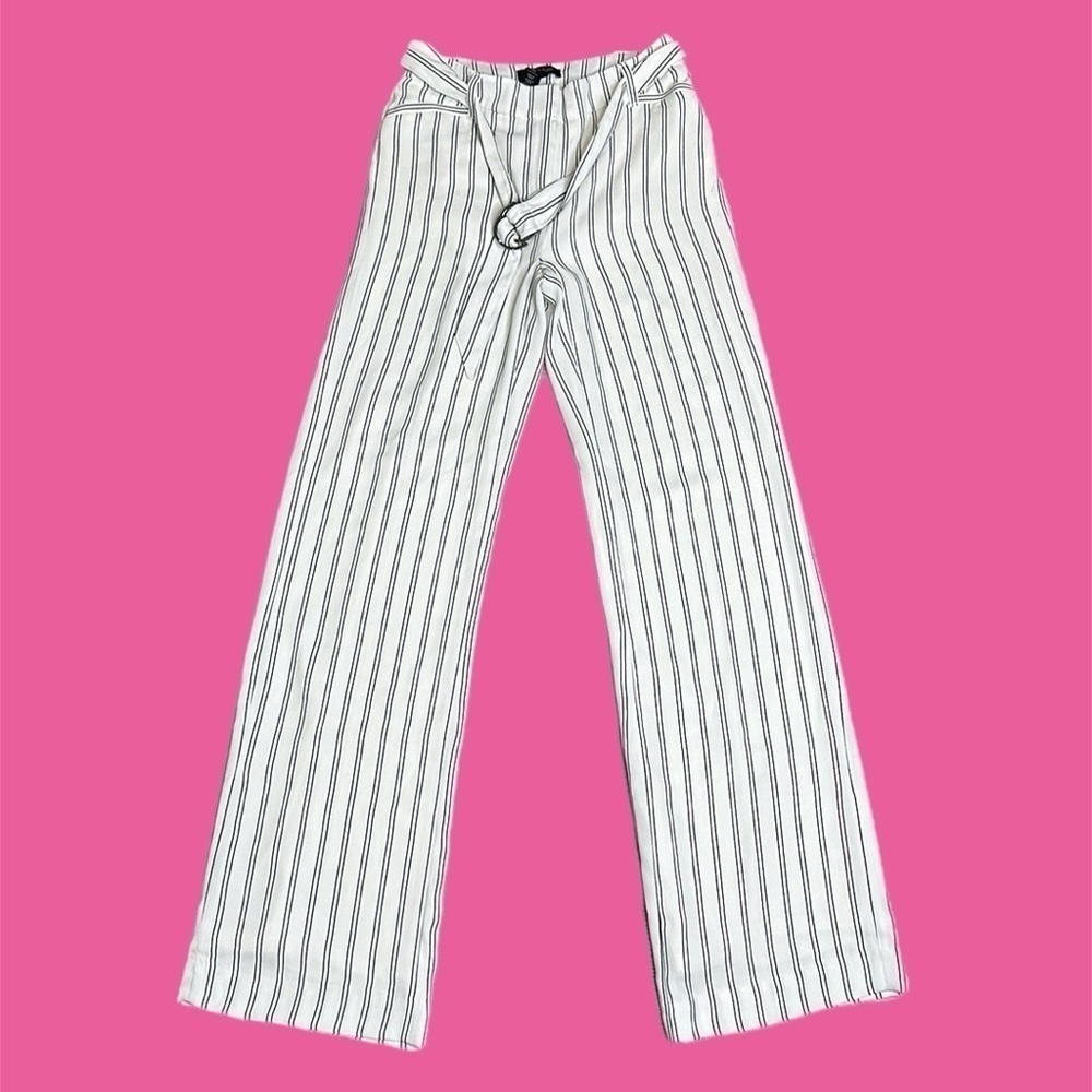 WHBM Women’s Stripe Print Belted Wide Leg Pants White & Black Sz 00R